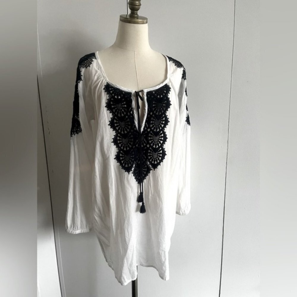 BOGO J CREW Crochet Embroidered  V neck pullover Tunic Top 100% Cotton Jersey M